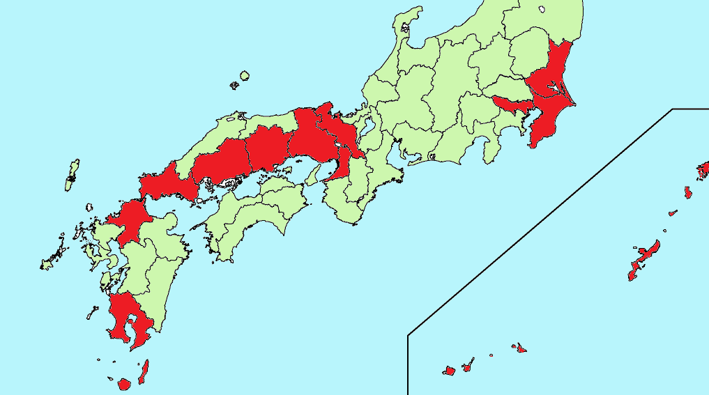 暴力団が登録されている都道府県を赤く示した日本地図